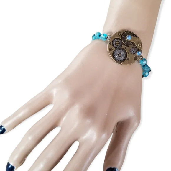 Hand Crafted Steam Punk Pendant Rosary Chain Crystal Beaded Bracelet - Picture 4 of 8